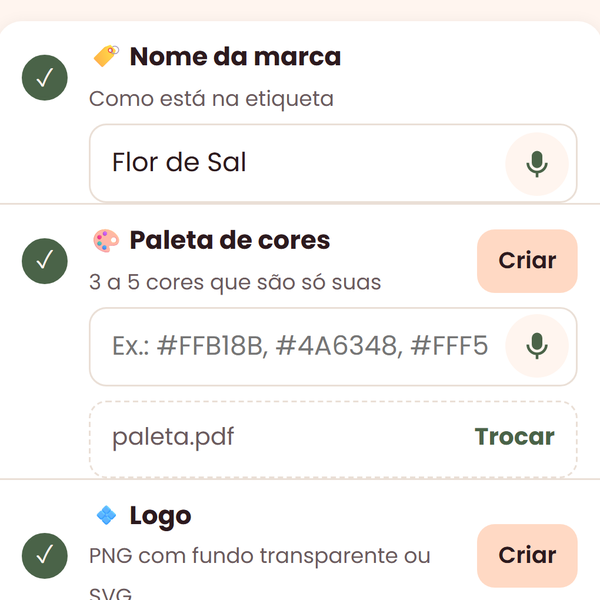 Tela do app com o checklist da identidade da marca