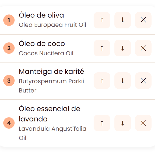 Tela do app com ingredientes ordenados e a lista INCI gerada